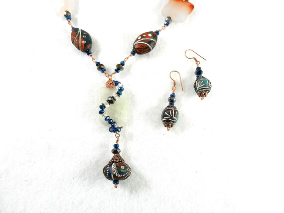 Copper Wire Wrapped Agate and Clay Bead Necklace and Matching Earrings, Wire Wrapped Agate Gemstone Necklace and Earrings, Jewelry Sets
