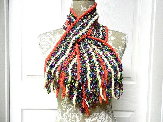 Hand Crocheted Short Scarf with a Key Hole End with Fringe in Coral Orange Cream and Multi Colored Ribbon Yarn