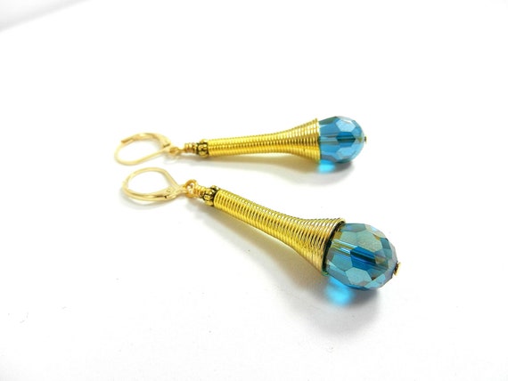Blue Green Teardrop Crystal Earrings with a Long Gold Spring Bead Cap