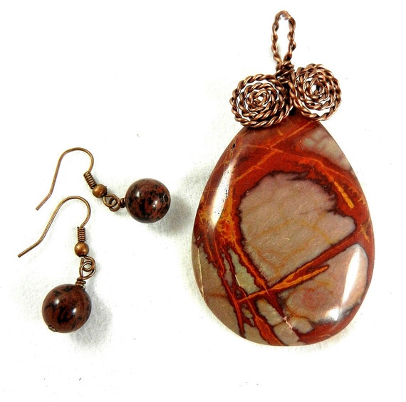 Noreena Jasper Copper Wire Wrapped Pendant with Necklace and Earrings, Gemstone Pendant and Earrings, Copper Necklace and Earrings, Earrings