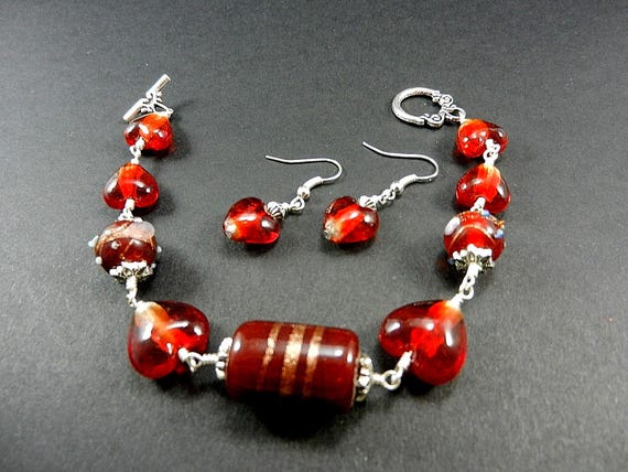 Red Lamp Work Heart Silver Wire Wrapped Bracelet with Matching Earrings