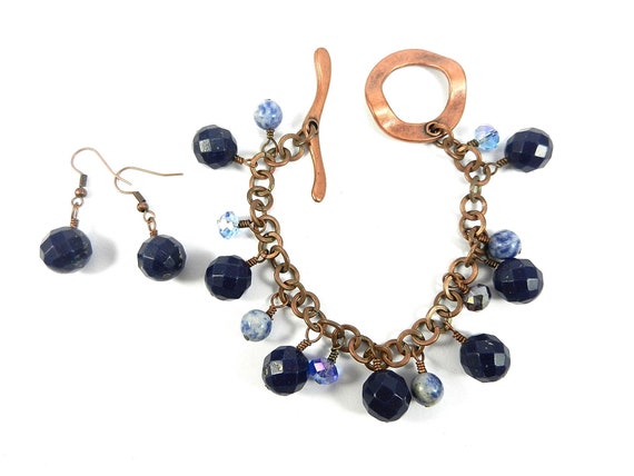 Blue Lapis Lazuli and Sodalite Gemstone Bracelet on Copper Chain with Blue Crystals and Matching Earrings