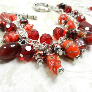 Red Art Glass Bead Bracelet and Earrings, Red Bead Charm Style Bracelet, Red Bracelet, Red Earrings, Silver and Red Bracelet with Earrings