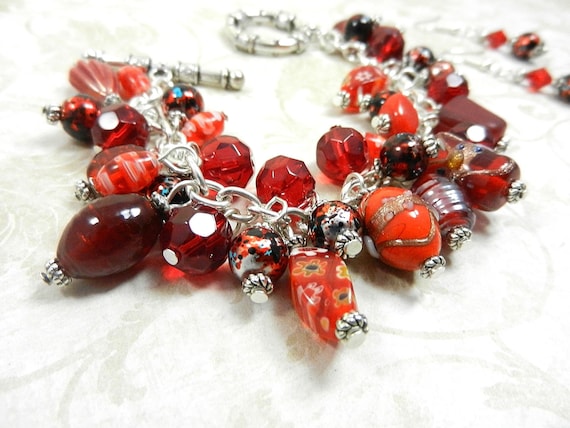 Red Art Glass Bead Bracelet and Earrings, Red Bead Charm Style Bracelet, Red Bracelet, Red Earrings, Silver and Red Bracelet with Earrings