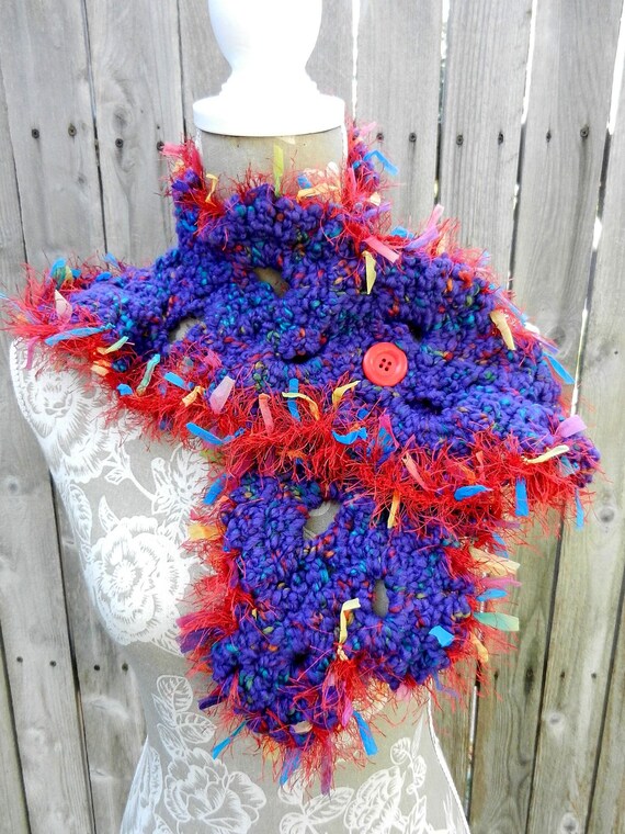 Purple and Red Crocheted Neck Scarf with Ribbon, Red Hand Crocheted Scarf, Purple Hand Crocheted Scarf