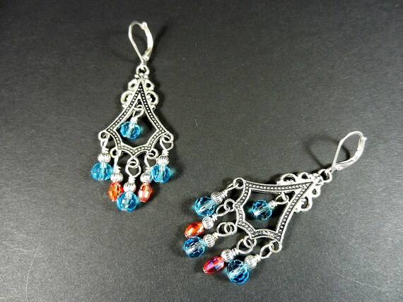Silver Chandelier Earrings with Red and Turquoise Crystals