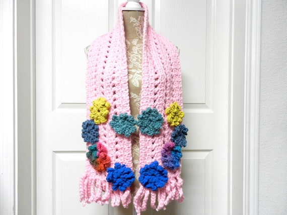 Fluffy Pink Scarf with Colorful Flowers in the Shape of a Heart