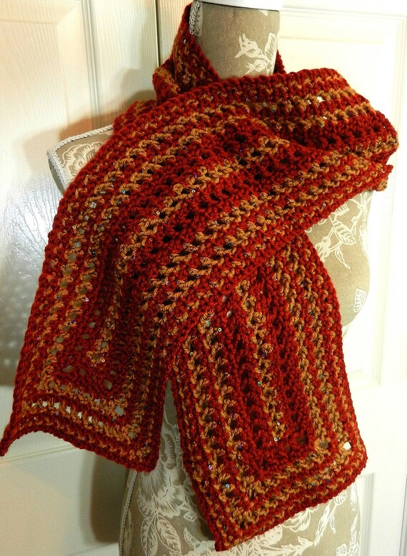 Hand Crocheted Rust and Gold Scarf, Rust and Gold Scarf, Gold Scarf, Rust Hand Crocheted Scarf, Scarves, Hand Crocheted Scarves, Handmade