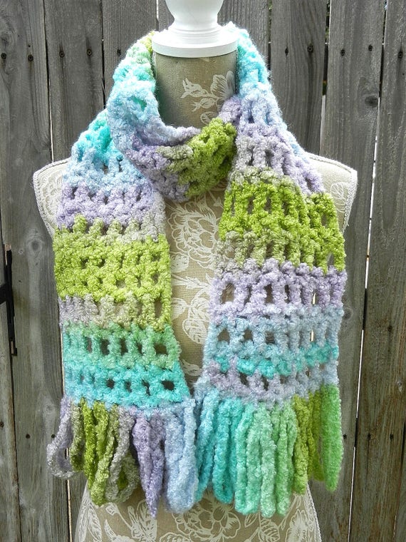 Pastel Fluffy Hand Crocheted Winter Scarf in the Colors of Lavender Purple and Green, Hand Crocheted Scarf, Green Scarf