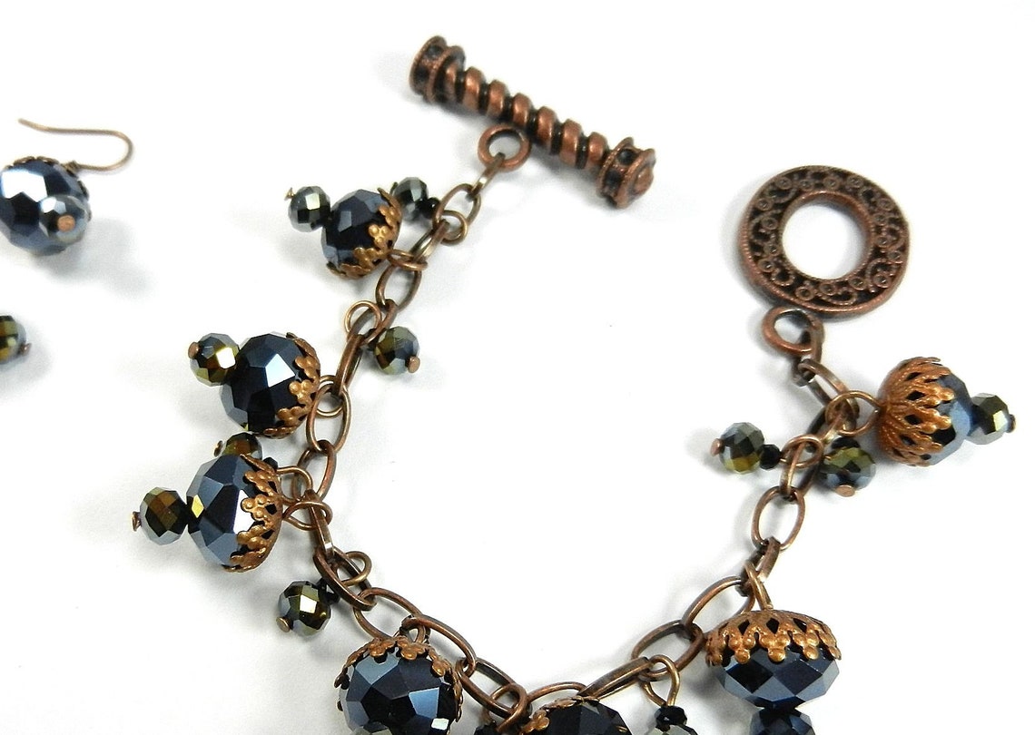 Handmade Antique Copper Bracelet With Dark Blue Large Crystals Etsy