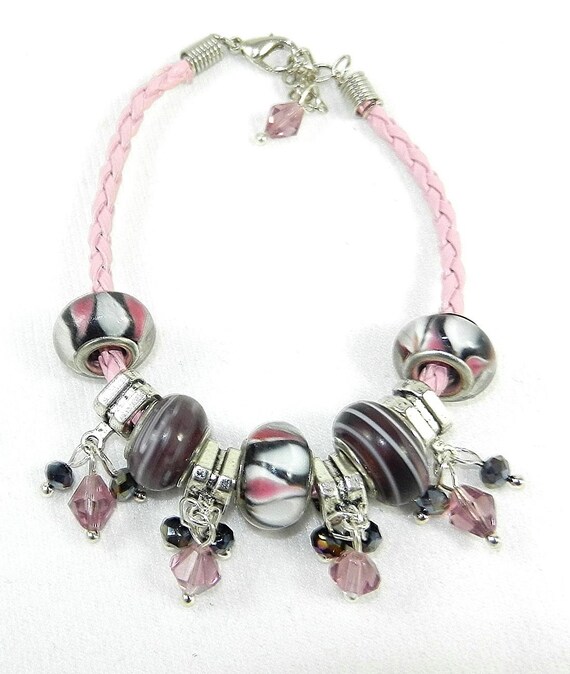 Pink Braided Leather European Style Lamp Work and Crystal Bracelet with Earrings, European Style Bracelet, Pink Bracelet and Earrings