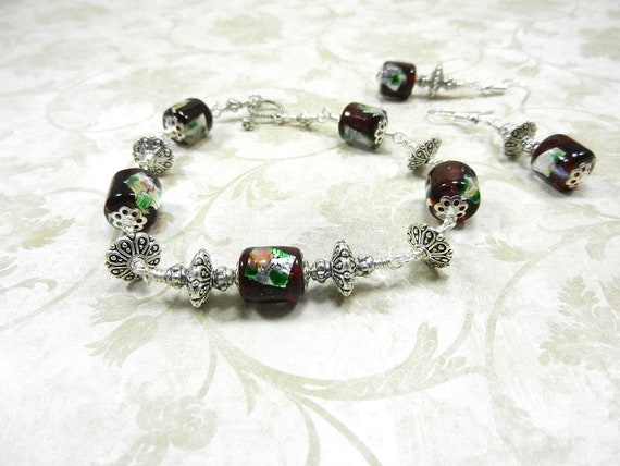 Handmade Silver Wire Wrapped Lamp Work Bracelet and Earrings, Brown Lamp Work Bead Bracelet, Silver Bracelet, Silver Earrings, Wire Wrapped