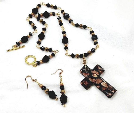 Black and Copper Metallic Lamp Work Art Glass Cross Necklace and Earrings, Black Cross Necklace and Earrings