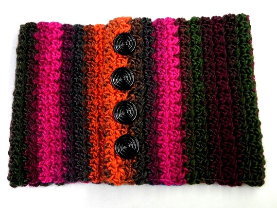 Burgundy Magenta Green Brown and Orange Button Up Neck Scarf, Button Up Neck Cowl, Magenta Hand Crocheted Scarf,