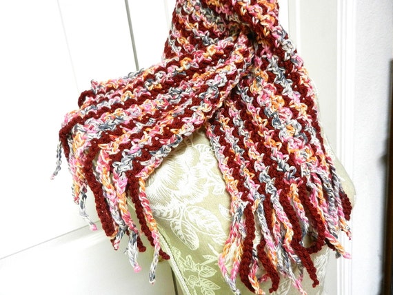 Burgundy Pink and Blue Hand Crocheted Short Boho Fringed Scarf with a Key Hole