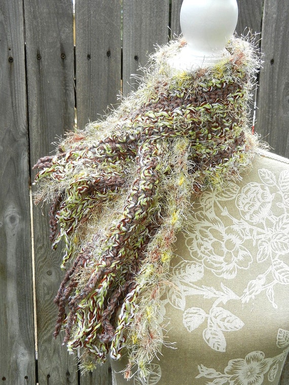 Brown and Cream Hand Crocheted Scarf, Cream Green and Brown Short Keyhole Scarf, Hand Crocheted Scarf, Fluffy Cream and Brown Scarf
