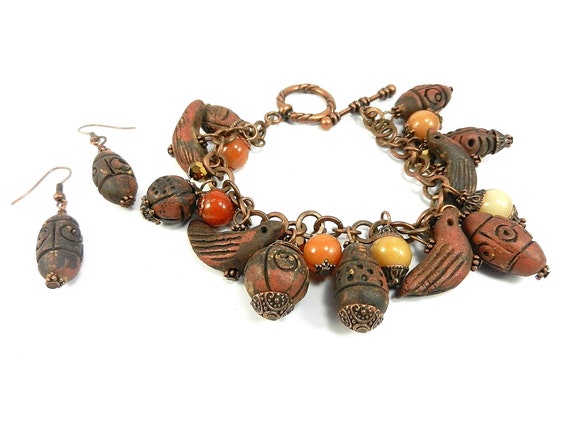 Brown Clay Bead and Agate Gemstone Bracelet on Copper Chain with Gold Crystals and Matching Earrings