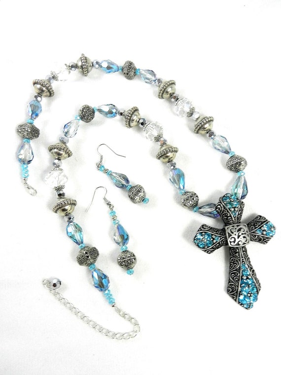 Silver Cross Necklace, Blue Crystal Cross, Blue Necklace, Blue Earrings, Blue Crystals, Blue Crystal Necklace, Silver Necklace and Earrings