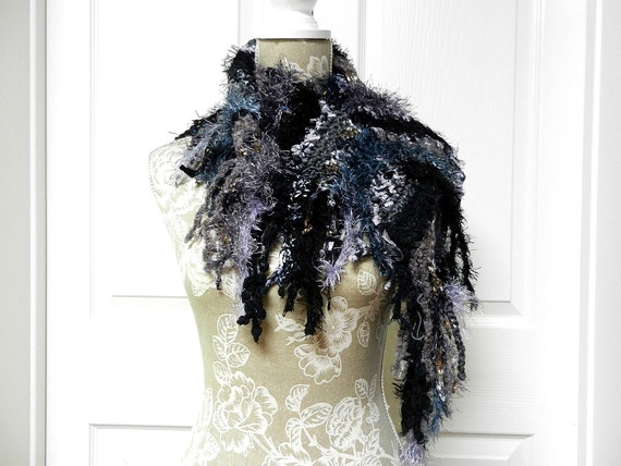 Shabby Boho Hand Crocheted Scarf in Black Gray and White