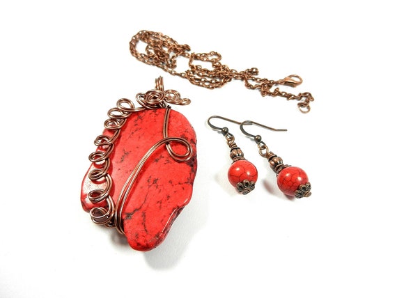 Copper Wire Wrapped Red Turquoise Pendant with Matching Earrings