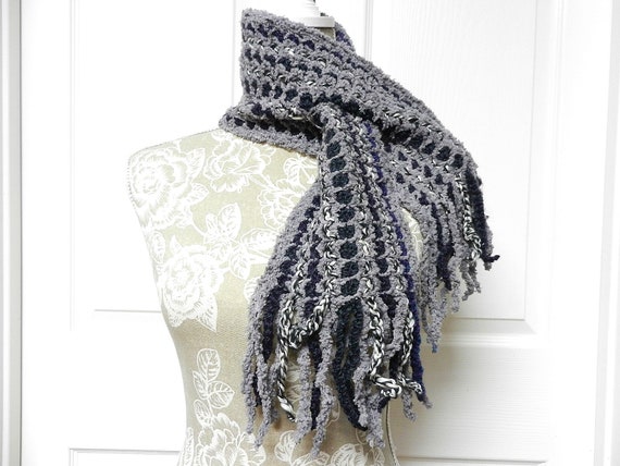 Blue Purple Black and White Hand Crocheted Short Scarf with a Key Hole End with Crocheted Fringe