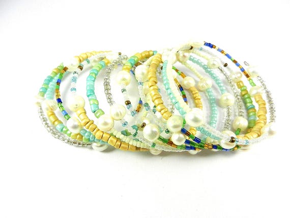 Memory Wire Bracelet with Freshwater Pearls and Light Blue and White Seed Beads