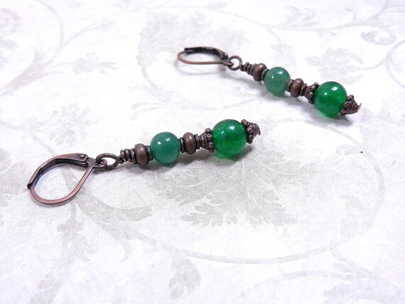 Green Jade and Copper Earrings with Lever Back Closure