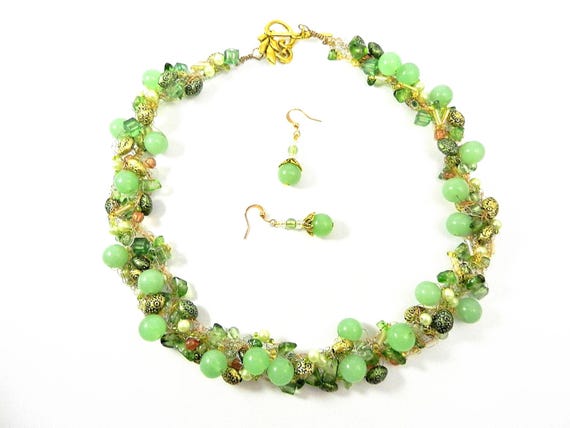 Green Glass Bead and Crystal Crocheted Wire Necklace and Matching Earrings