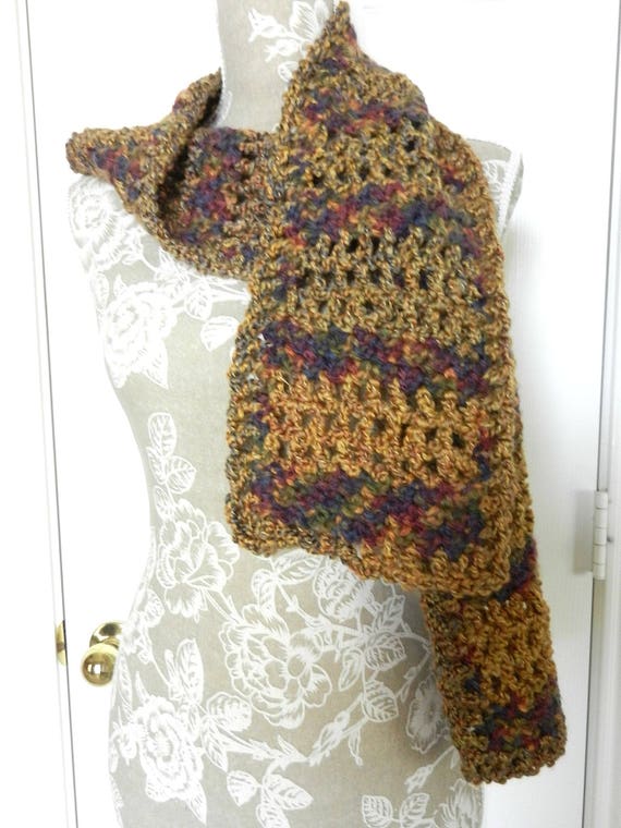 Brown Green Yellow Gold Burgundy Hand Crocheted Winter Scarf, Brown Crocheted Scarf, Hand Crocheted Brown Scarf, Brown Scarf