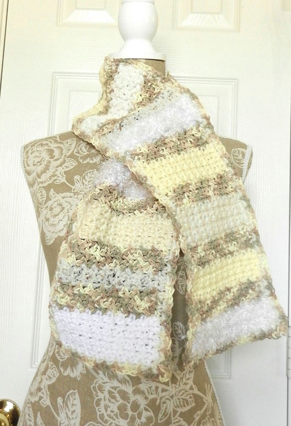 Hand Crocheted Cream Brown White Textural Winter Color Block Scarf