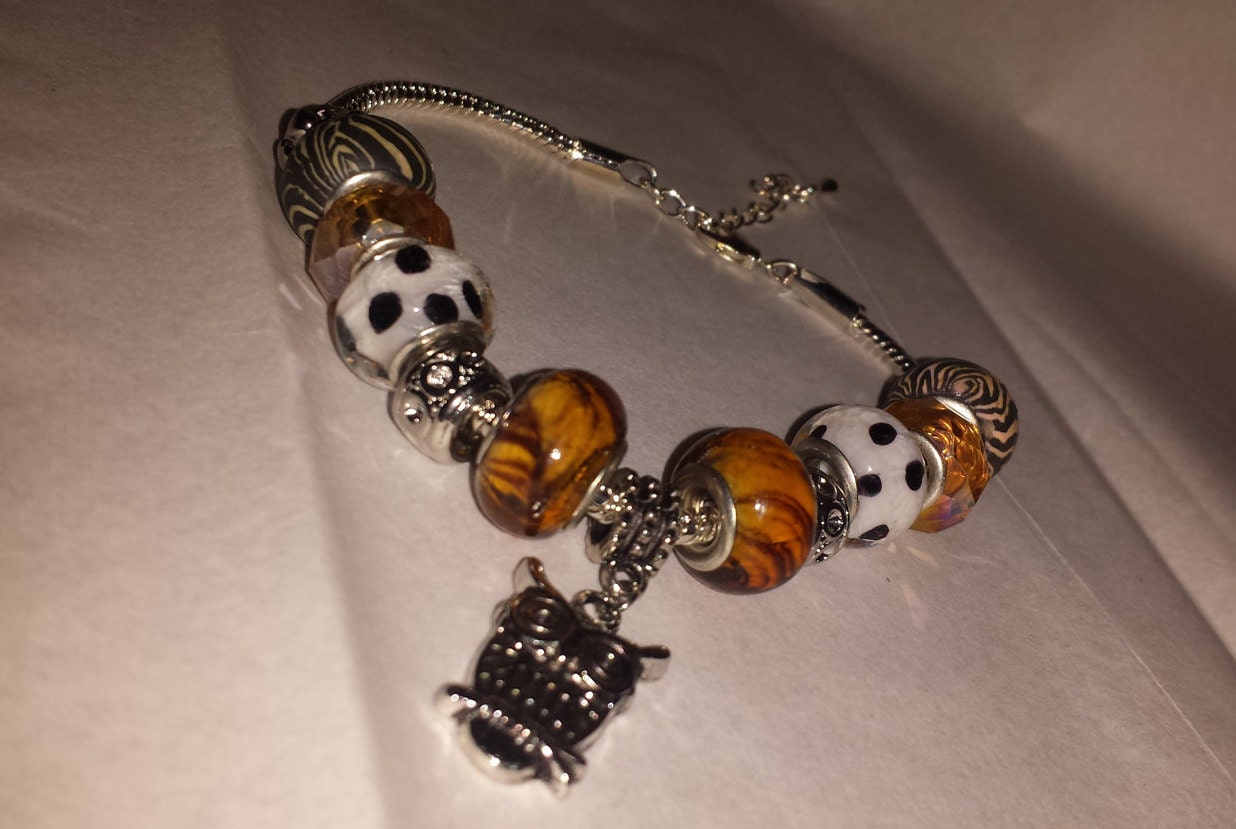 Owl Charmed Bracelet- black, white,orange, polka dots
