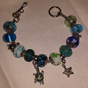 Ocean Charm Bracelet with turtles-  blue/green/white/silver Colors