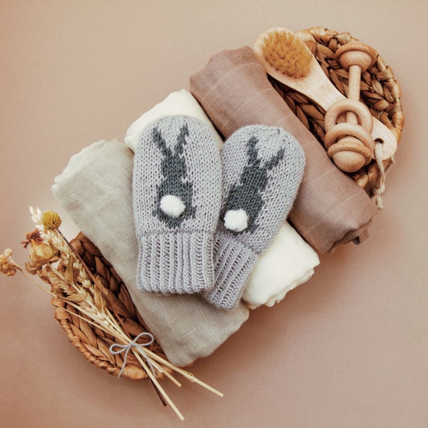 Bunny Mittens Knitting Pattern PDF. Make your own mittens with bunny and pompom tail | Sizes baby, toddler and child.