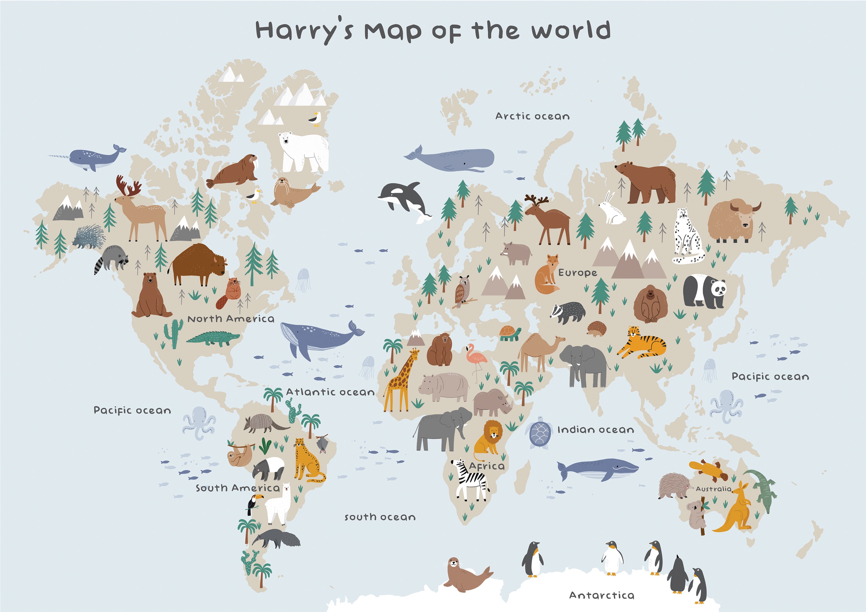 Animales personalizados el mundo Animal Maps Print Safari | Etsy