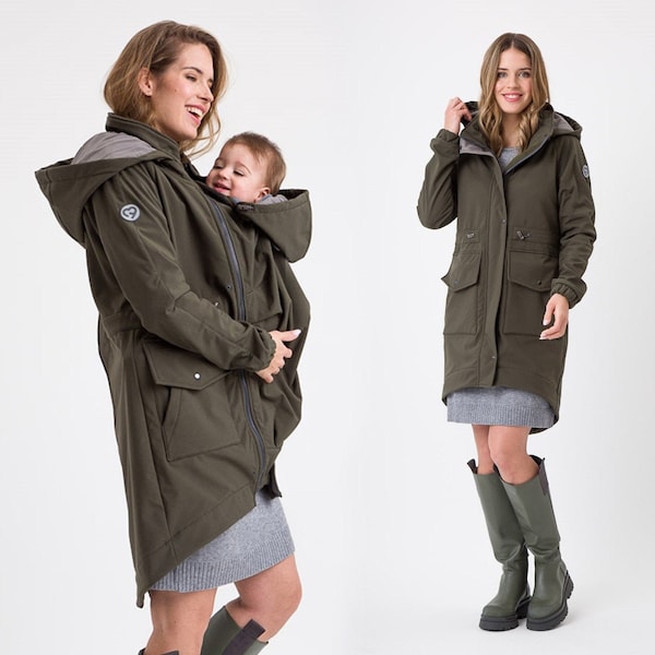 5in1 Softshell Parka-Mantel, Umstandsmantel, FRONT / BACK Baby Tragejacke, Multifunktion KHAKI