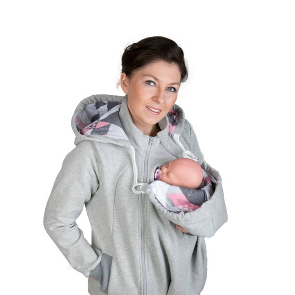 AXEL 3in1 Babywearing jacket Maternity Pregnancy Multifunctional Kangaroo sweatshirt  MOM Baby, baby carrying S/M Grey/Coral Pattern