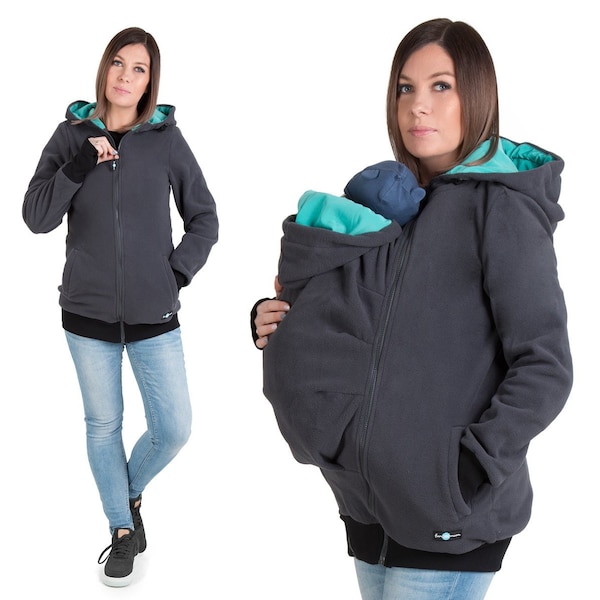 LUNA Manteau de portage 3 en 1 Maternité Grossesse Multifonction Porte-kangourou Veste de portage Maman et Bébé GRAPHITE/TEAL