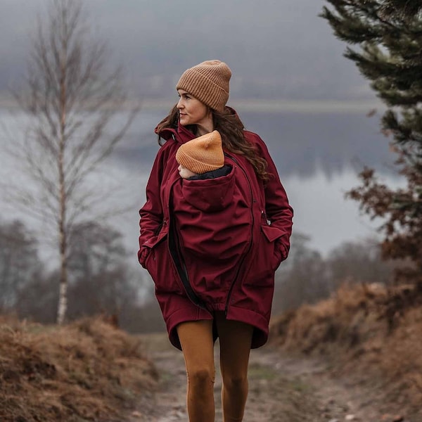 5in1 Softshell Parka-Mantel, Umstandsmantel, FRONT / BACK Baby Tragejacke, Multifunktion BURGUNDY