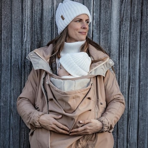 5in1 Softshell Parka-Mantel, Umstandsmantel, FRONT / BACK Baby Tragejacke, Multifunktion Latte