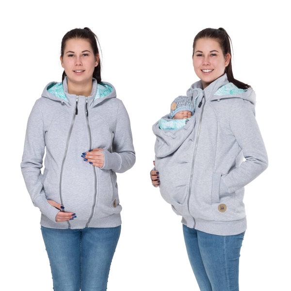 POLA 3in1 Babywearing coat Maternity Pregnancy Multifunctional Kangaroo hoodie baby carrying jacket   Gray/Mint leaves