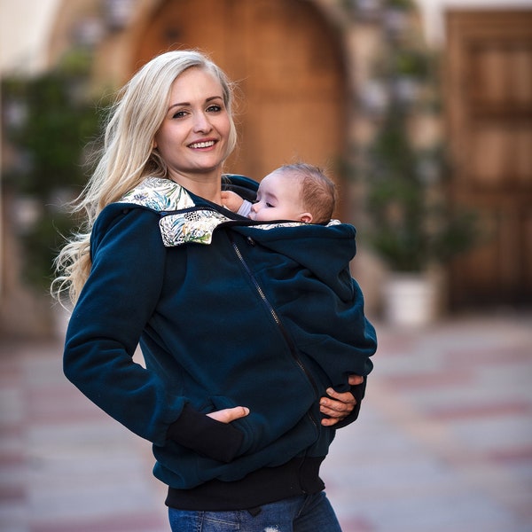 LUNA 3 in1 babywearing coat Maternity Pregnancy Multifunctional Kangaroo carrier Mom and Baby carrying jacket PETROL GREEN