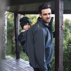 Jaqueta ELBRUS 3 em 1 Softshell para carregar bebês, frente/trás, para PAI, jaqueta para carregar bebês, jaqueta softshell para carregar bebês, pai que carrega bebês, GRAFITE