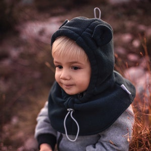 Hooded Cowl baby hat, bear ears, bear hat, Toddler Neck Warmer, Kid Winter Ear Hat, boy hat, baby hood, newborn balaclava PETROL