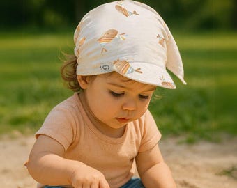 Organic GOTS Babywearing Muslin baby hat with a soft brim, double adjustment system head scarf, whales, sun hat, headgear,  cap, sunscreen
