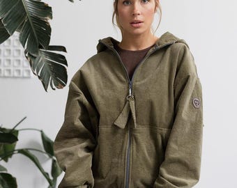 Olive Corduroy Bomber Jacket – Oversized Cotton Zip Hoodie with Pockets