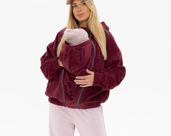 3-in-1 Corduroy Bomber Jacket for Pregnancy and Babywearing, Oversized, Cherry