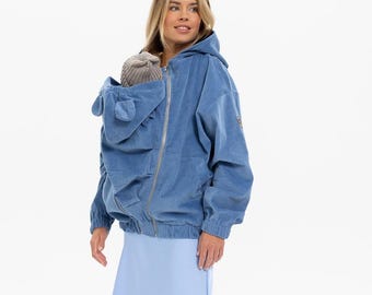 3-in-1 Corduroy Bomber Jacket for Pregnancy and Babywearing, Oversized, Ocean Blue