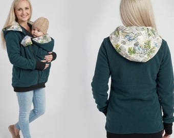 LUNA 3 in 1 Polar Fleece Babywearing Coat Maternity & Pregnancy Multifunctional Kangaroo Carrier Jacket for Mom and Baby, Petrol Green