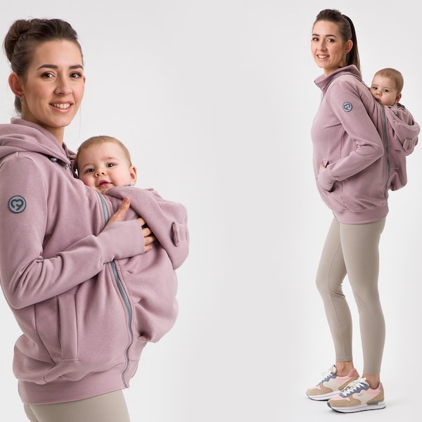 POLA  Front/Back 5in1 Babywearing coat Maternity Pregnancy Multifunctional Kangaroo hoodie baby carrying jacket Dust Pink