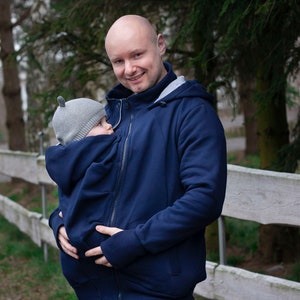3 em 1 Tomy FRONT/BACK MENS Babywearing jaqueta para pais Multifuncional Kangaroo hoodie para carregar bebê Azul-marinho/Cinza, presente de Natal para o pai